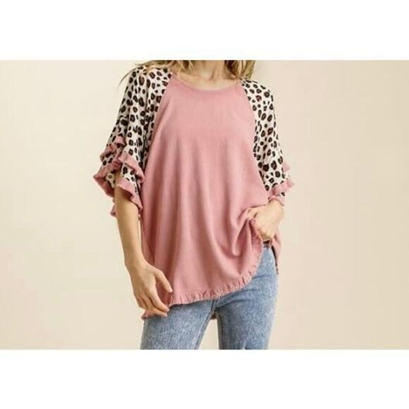 Umgee Women's Leopard Frayed Bell Sleeve Tunic Top Size Large - Picture 1 of 8